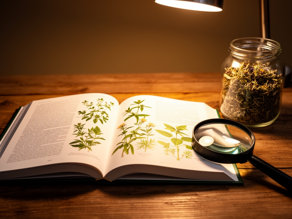 Otwarta księga naukowa z botanicznymi ilustracjami roślin leczniczych leżąca na drewnianym stole obok słoiczka z suszonymi ziołami i lupą w ciepłym świetle lampy