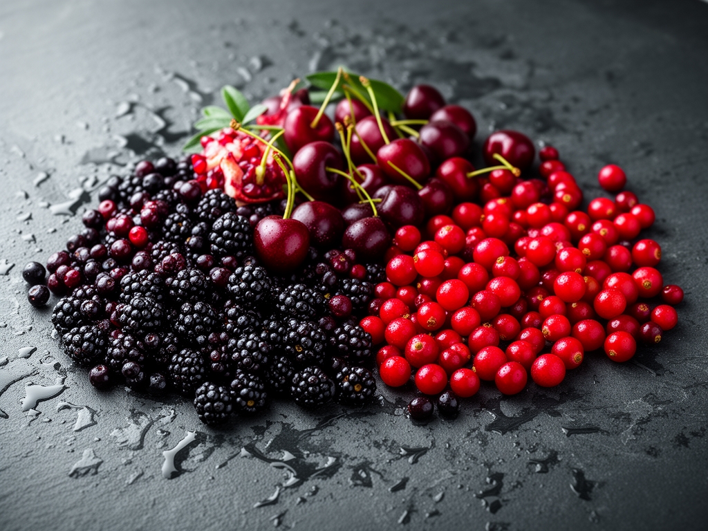 Różnorodne jagody i owoce bogate w antyoksydanty — czarne jagody, granaty, wiśnie i żurawiny rozsypane na ciemnej kamiennej płycie z kroplami wody