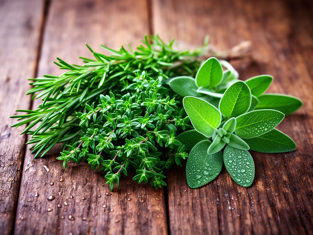 Świeże zielone zioła — rozmaryn, tymianek i szałwia ułożone na rustykalnym drewnianym stole z kroplami rosy na liściach