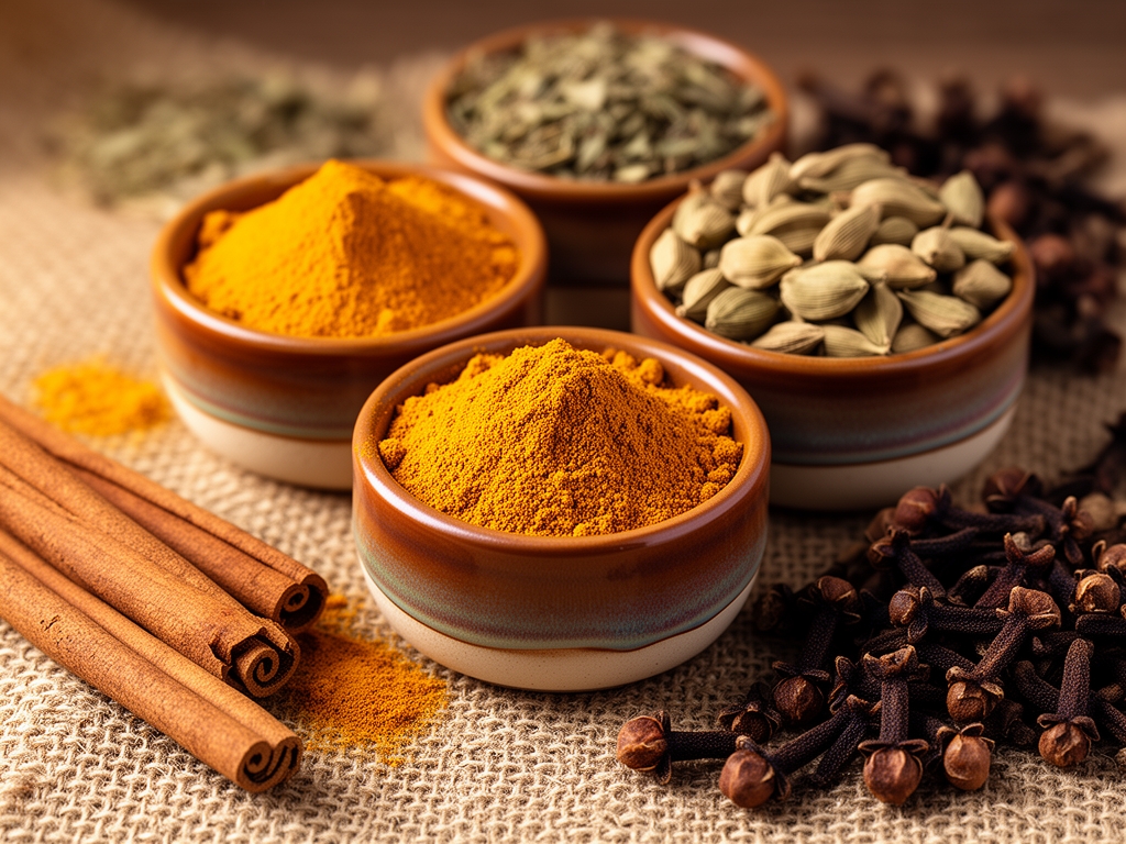 Kolorowe przyprawy i suszone zioła w małych ceramicznych miseczkach — kurkuma, cynamon, kardamon i goździki na teksturowanym tle z ciepłym oświetleniem