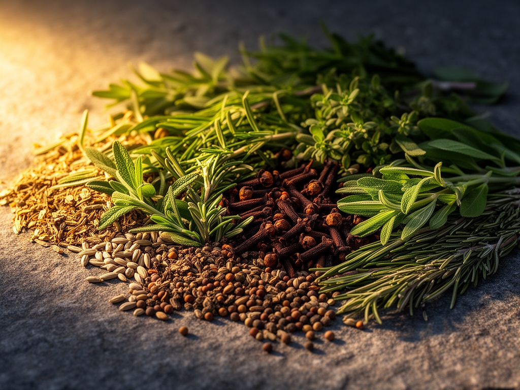 Zbliżenie na różnorodne naturalne zioła i przyprawy rozsypane na kamiennej powierzchni, oświetlone ciepłym bocznym światłem ukazującym tekstury liści i nasion