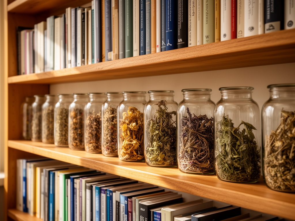 Drewniane półki z książkami naukowymi obok szklanych słoiczków z suszonymi roślinami i ziołami, w ciepłym naturalnym świetle pracowni badawczej